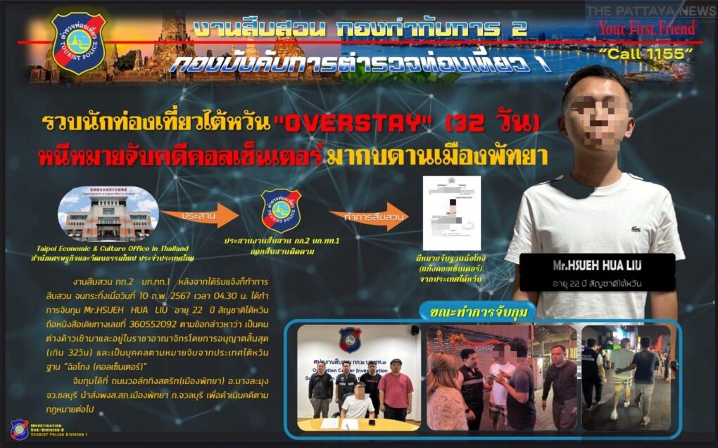 Taiwanesischer Betrugsverdächtiger, der seine Aufenthaltsdauer überschritten hat, ist in Pattaya festgenommen worden.